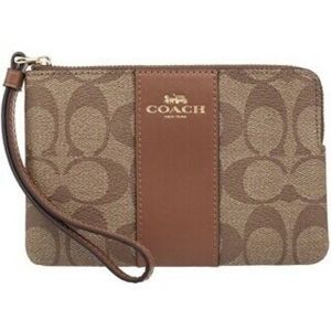 Coach Corner Zip Signature PVC Wristlet, 58035, KHAKI/SADDLE
